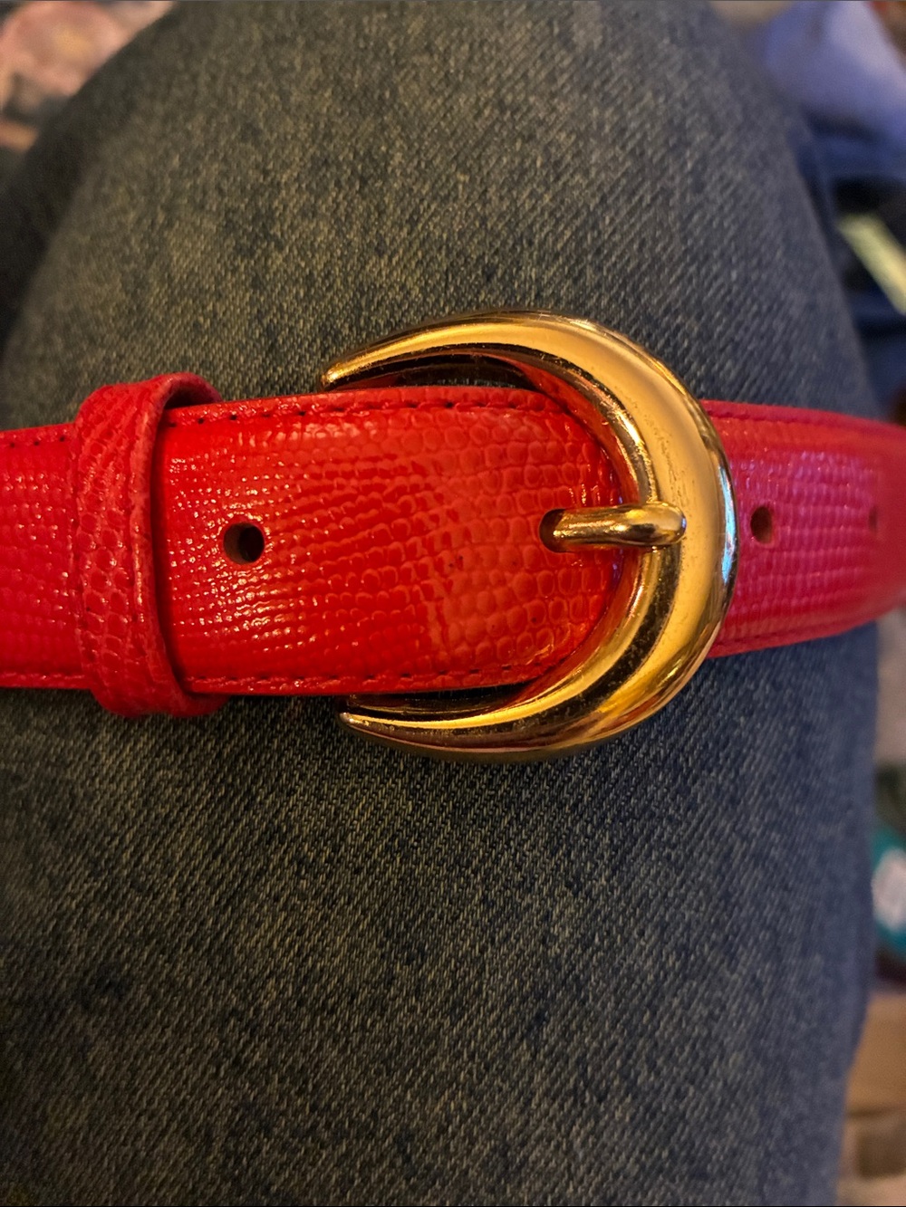 Red Leather Textured Belt with Solid Brass Gold Crescent Buckle 1 inch wide M